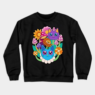 Trippy Cats, Mushrooms and Flowers Crewneck Sweatshirt